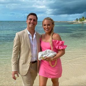 Hot pink ruffled wedding guest mini dress